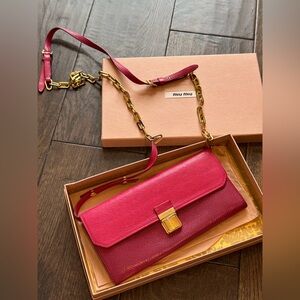 Miu Miu Fuchsia Pink Bi Color Madras Leather Flap Wallet on Chain